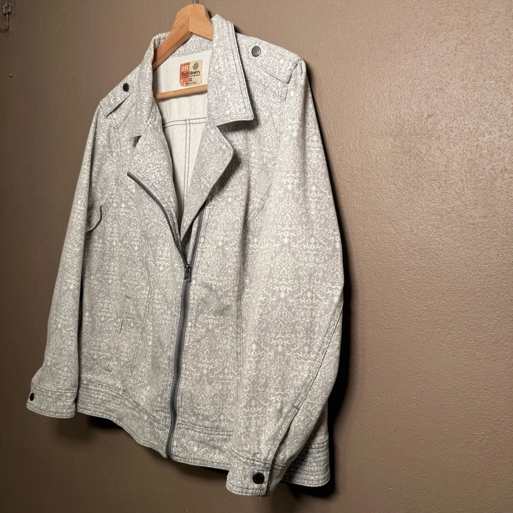 Ruff Hewn Gray & White Cotton Denim Moto Jacket Women's Plus Size 2X Streetwear - Picture 4 of 15